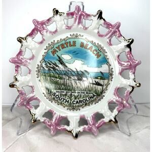 MCM Ceramic Souvenir Plate Myrtle Beach SC Pierced Border Pink and Gold Accents